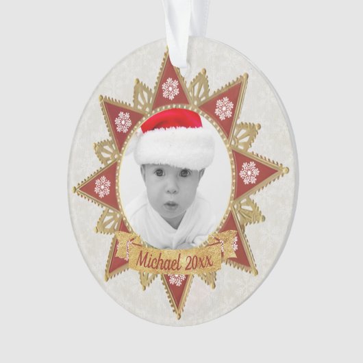 赤と黄金の豪華な円の形状フレームのスノーフレーク オーナメント (正面)