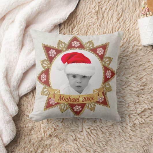 赤と黄金の豪華な円の形状フレームのスノーフレーク クッション (ブランケット)