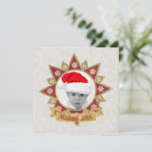 赤と黄金の豪華な円の形状フレームのスノーフレーク シーズンカード (スタンド正面)