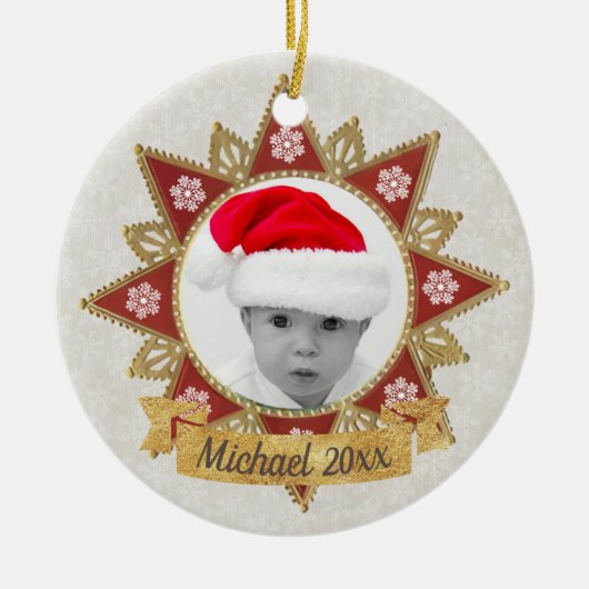 赤と黄金の豪華な円の形状フレームのスノーフレーク セラミックオーナメント (正面)