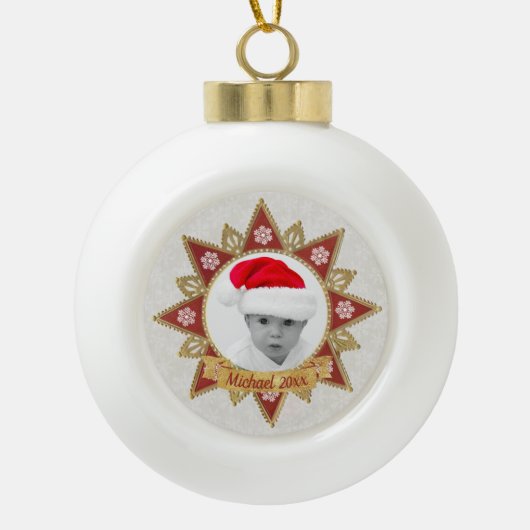 赤と黄金の豪華な円の形状フレームのスノーフレーク セラミックボールオーナメント (正面)