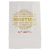 赤と黄金の豪華な円の形状フレームのスノーフレーク ミディアムペーパーバッグ (裏面)