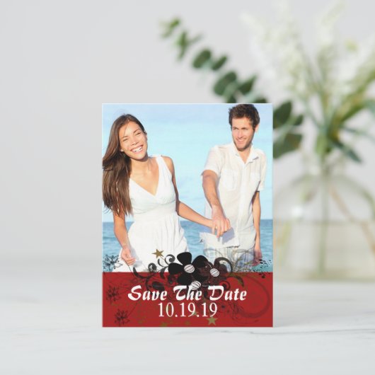 赤と黒あなたの写真と日付を保存 案内ポストカード (スタンド正面)