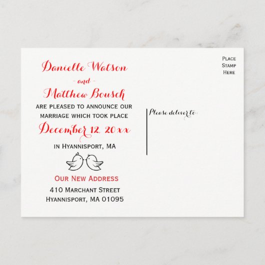 赤と黒のたった今結婚しましたラブバード結婚式パーティー インビテーションポストカード (裏面)