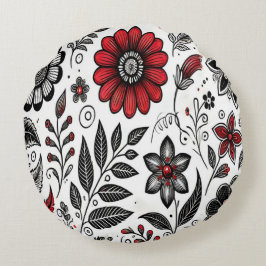赤と黒のらくがき風の花と葉 ラウンドクッション