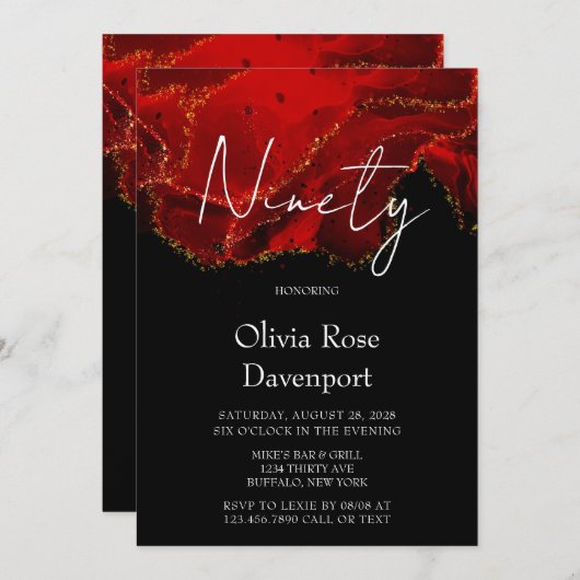 赤と黒のアルコールインク90th誕生日パーティー 招待状 (正面/裏面)