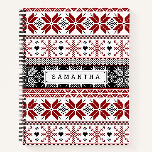 赤と黒のウィンターフェア島のパターン ノートブック (正面)