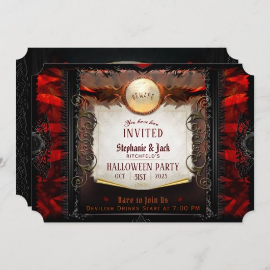 赤と黒のエレガントハローウィンパーティ 招待状 (正面/裏面)