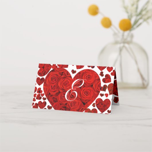 赤と黒のエレガントハートとバラ結婚 プレイスカード (裏面)