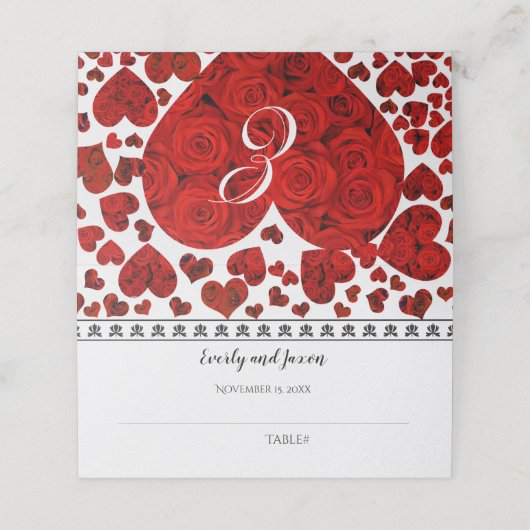 赤と黒のエレガントハートとバラ結婚 プレイスカード (外部開封)