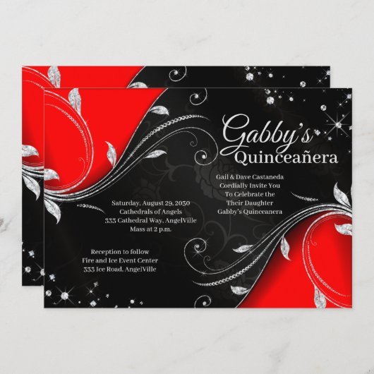 赤と黒のキンセヤニェラまたはスイート16の招待状 招待状 (正面/裏面)
