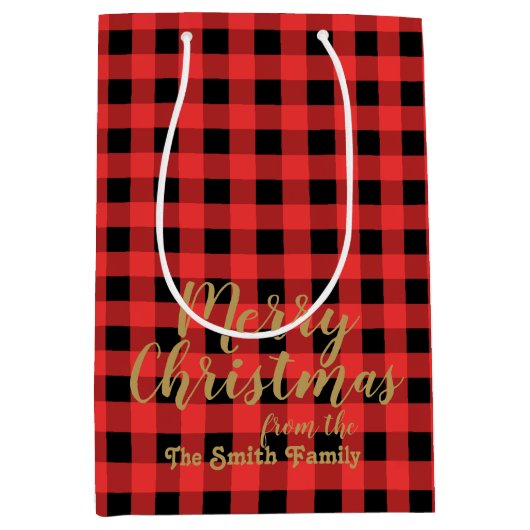 赤と黒のギンガムメリークリスマス ミディアムペーパーバッグ (正面)