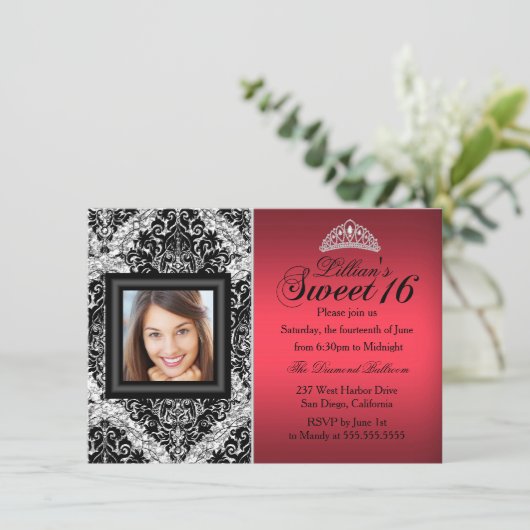赤と黒のグリッターダマスク写真甘い16 招待状 (スタンド正面)