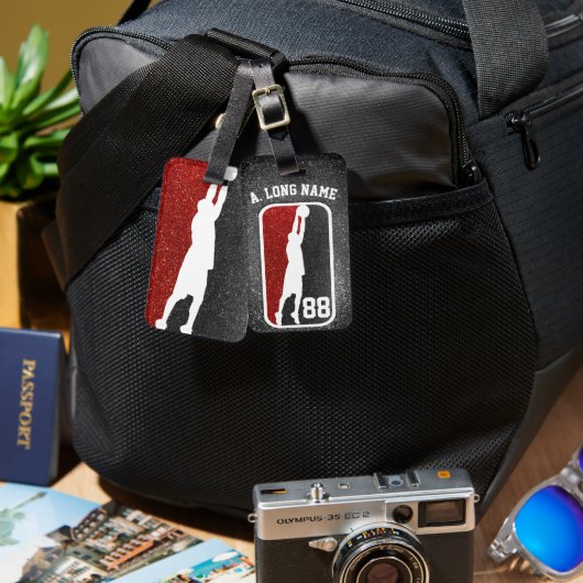 赤と黒のグリッターバスケバスケットボール選手 ラゲッジタグ (正面&裏面)