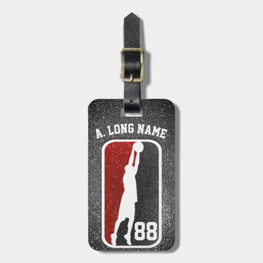赤と黒のグリッターバスケバスケットボール選手 ラゲッジタグ (正面縦)