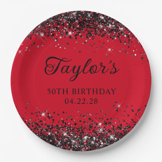 赤と黒のグリッター50誕生日 ペーパープレート (正面)