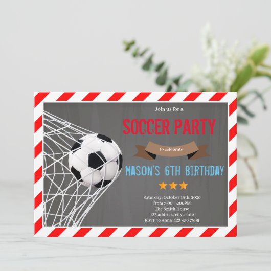 赤と黒のサッカーテーマ招待状 招待状 (スタンド正面)