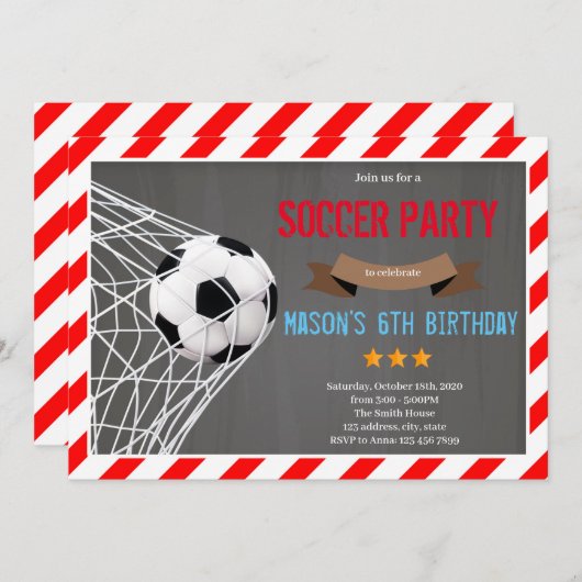 赤と黒のサッカーテーマ招待状 招待状 (正面/裏面)