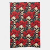 赤と黒のスカルを持つバラ キッチンタオル (縦)