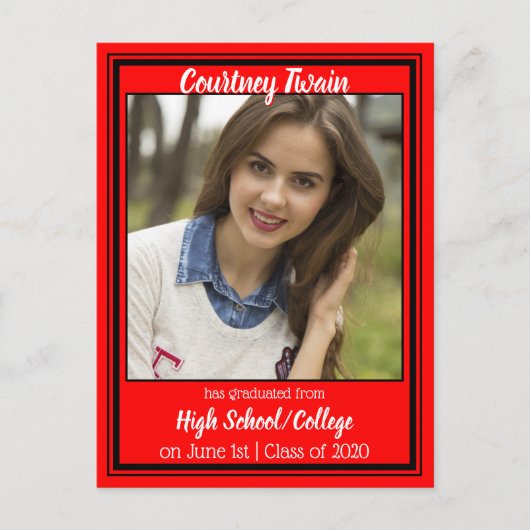 赤と黒のスクールカラー写真卒業 案内ポストカード (正面)