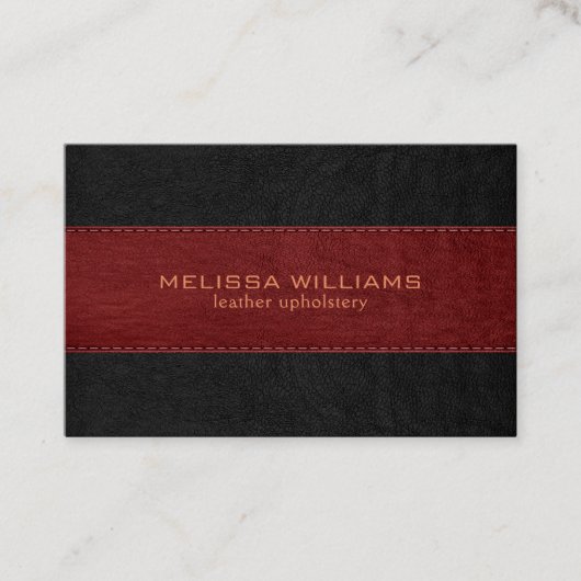 赤と黒のステッチされたヴィンテージレザーテクスチャ 名刺 (正面)