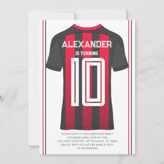 赤と黒のストライプのサッカーユニフォームの誕生日パーティー 招待状 (正面)