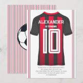 赤と黒のストライプのサッカーユニフォームの誕生日パーティー 招待状 (正面/裏面)