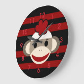 赤と黒のストライプの靴下モンキーガールフラワーハット ラージ壁時計 (傾斜)