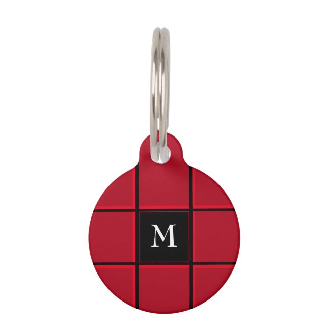 赤と黒のストライプ シングルイニシャル シンプル ペット　ネームタグ (正面)