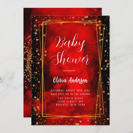 赤と黒のスモキー金ゴールド幾何学的ベビーシャワー 招待状 (正面/裏面)