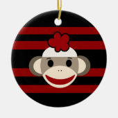 赤と黒のソストライプのックス猿少女花帽 セラミックオーナメント (正面)