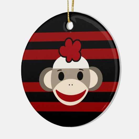 赤と黒のソストライプのックス猿少女花帽 セラミックオーナメント (左)