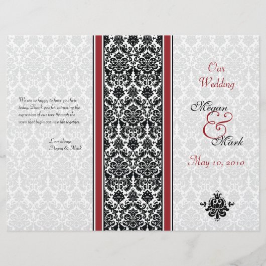赤と黒のダマスクの結婚式プログラム (正面)