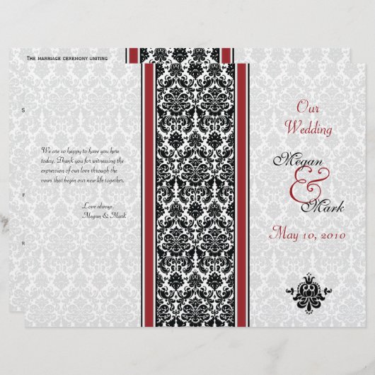 赤と黒のダマスクの結婚式プログラム (正面/裏面)