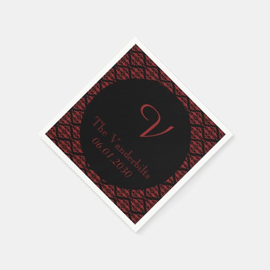 赤と黒のダマスクモノグラム結婚ズ スタンダードカクテルナプキン (角)