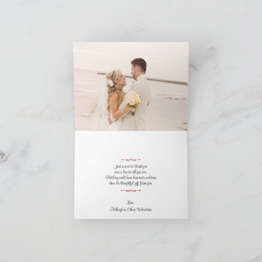 赤と黒のダマスク模様のラブハーツウェディング サンキューカード (内部)