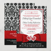 赤と黒のダマスク模様のラブハーツウェディング 招待状 (正面/裏面)