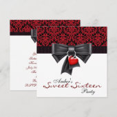 赤と黒のダマスク・スイート16誕生日パーティー 招待状 (正面/裏面)