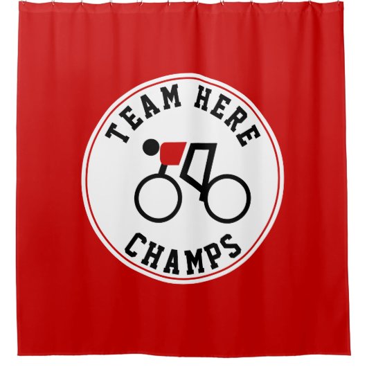 赤と黒のチャンプ付きの自転車の自転車乗り シャワーカーテン (正面)