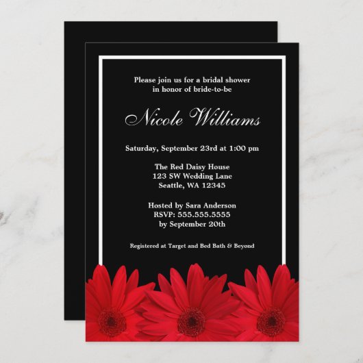 赤と黒のデイジーブライダルシャワー 招待状 (正面/裏面)