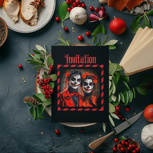 赤と黒のデ・ロス・ムエルトスのカーニバル カップル 招待状