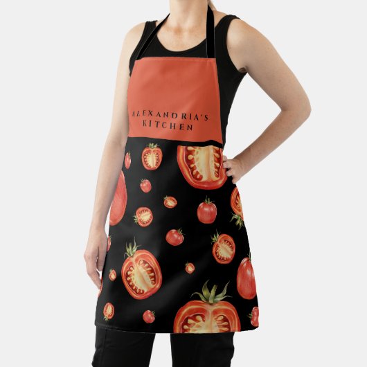 赤と黒のトマトパターン |お名前+キッチン エプロン (インサイチュ)