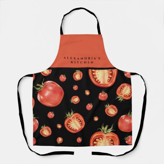 赤と黒のトマトパターン |お名前+キッチン エプロン (正面)