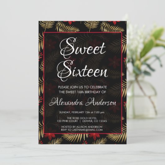 赤と黒のトロピカルリーフ甘い16誕生日パーティー 招待状 (スタンド正面)