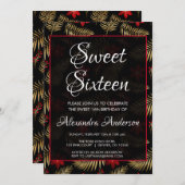 赤と黒のトロピカルリーフ甘い16誕生日パーティー 招待状 (正面/裏面)