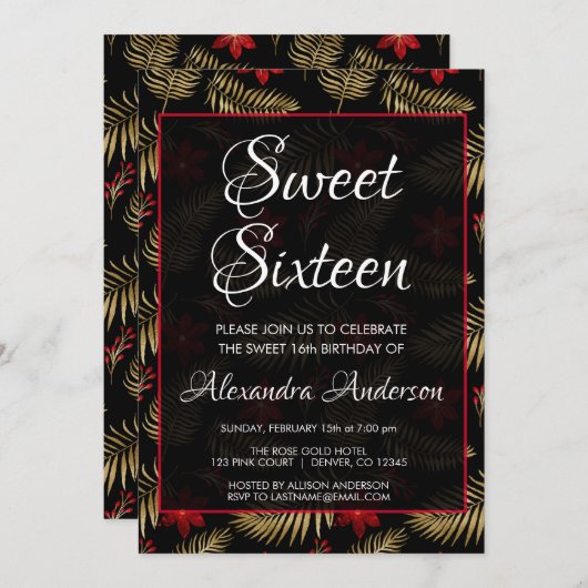 赤と黒のトロピカルリーフ甘い16誕生日パーティー 招待状 (正面/裏面)