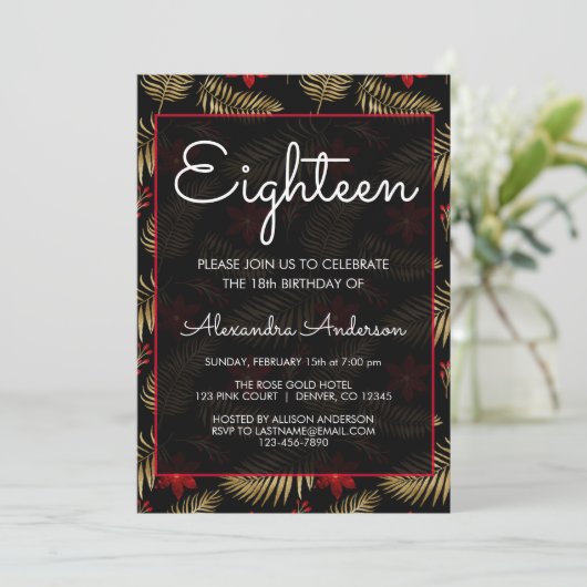 赤と黒のトロピカルリーフ18th誕生日パーティー 招待状 (スタンド正面)