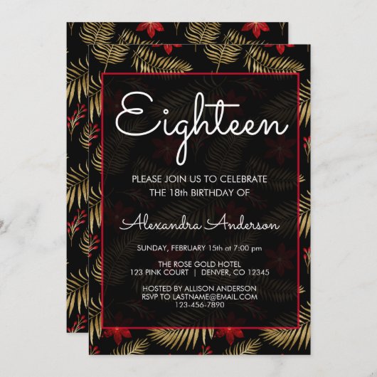 赤と黒のトロピカルリーフ18th誕生日パーティー 招待状 (正面/裏面)