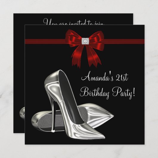赤と黒のハイヒール 女性の誕生日 招待状 (正面/裏面)