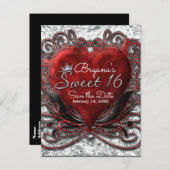 赤と黒のハートフォイル見た甘い16日付を保存 案内ポストカード (正面/裏面)